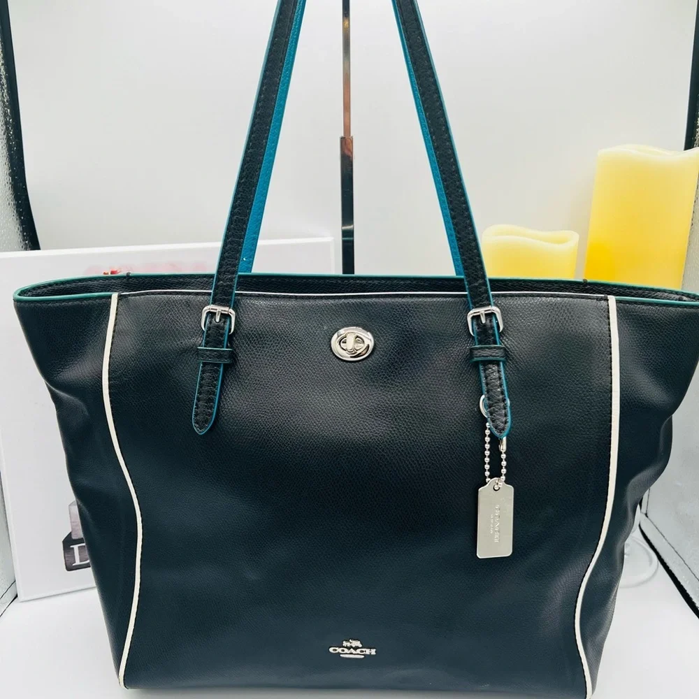 Coach Black and Turquoise All Leather Tote - White Accents & Silver Hardware